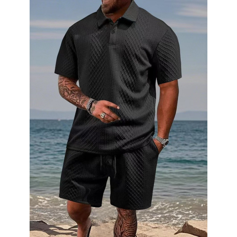 Cross-Border New Style Men's Jacquard Short-Sleeved T-Shirt Sports Suit Summer Lapel Polo Shirt Quick-Drying Two-Piece Set Cross-Border New Style Men's Jacquard Short-Sleeved T-Shirt Sports Suit Summer Lapel Polo Shirt Quick-Drying Two-Piece Set