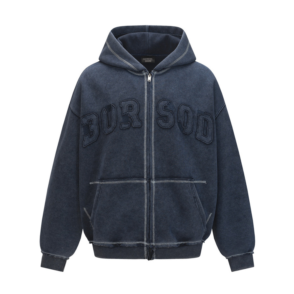 Trendy Punk Vintage Washed Hoodie für Herren Frühling und Herbst, genähtes Design mit ausgefransten Kanten, lockere Passform, Sportjacke_voghion.com