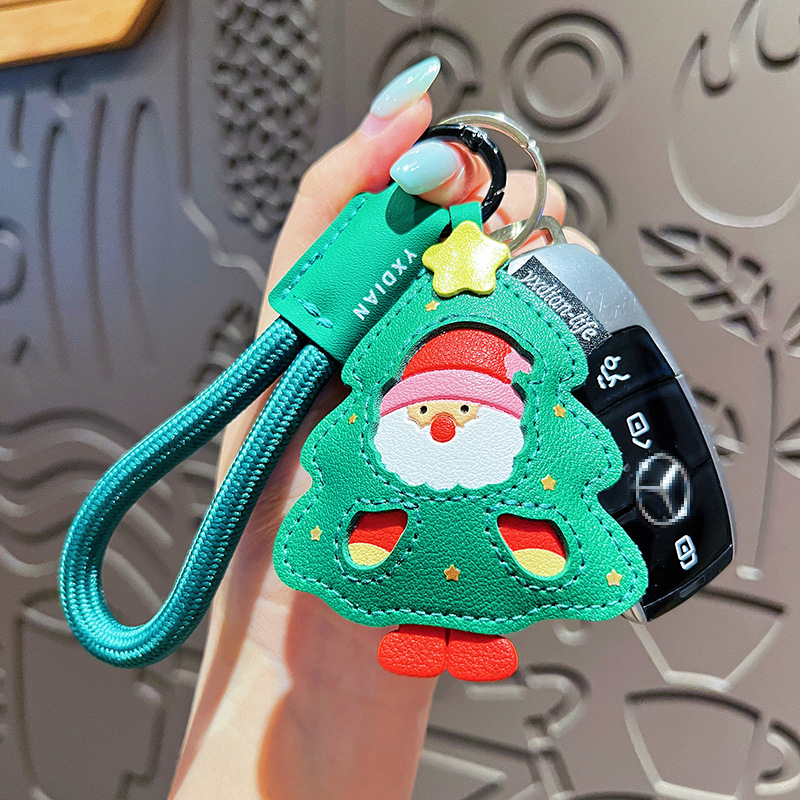 女性用レザークリスマスペンダントキーホルダー、かわいい漫画の絶妙なレザーサンタバッグペンダント小さなギフト|undefined