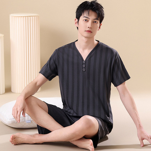 Men's Summer Short Sleeve Pajama Set, Wearable Outside, Plus Size Shorts, Teenager Plus Size Men's Home Clothes, Loose and Simple
