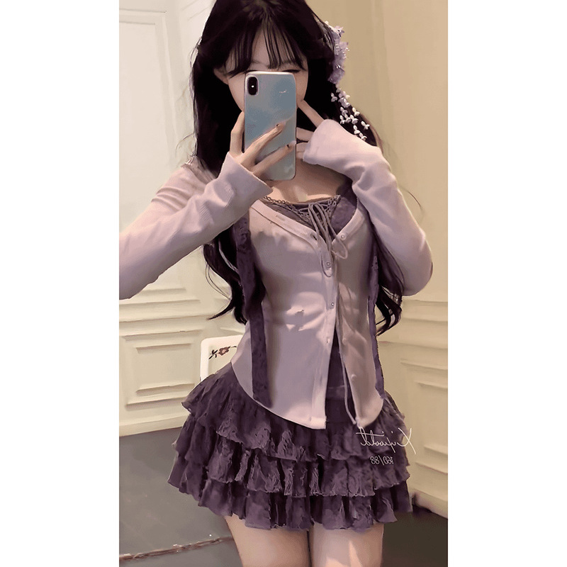 纯欲风辣妹紫色假两件针织衫女春秋气质显瘦短款蛋糕半身裙子套装|undefined