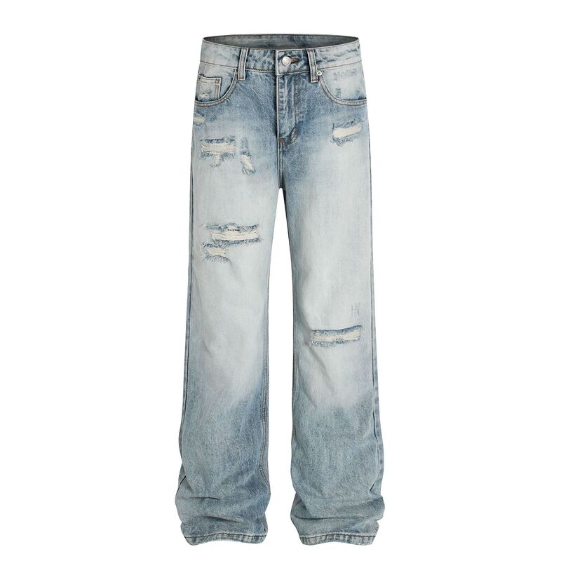D1686 American Street High-end Retro Washed Blue Ripped Design Men's Loose Casual Slimmer Jeans