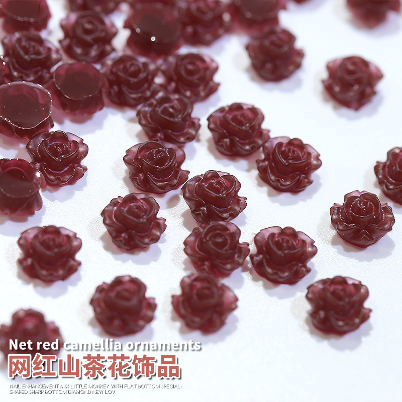 New Camellia nail jewelry wholesale popular popular resin rose three-dimensional wine red nail decoration