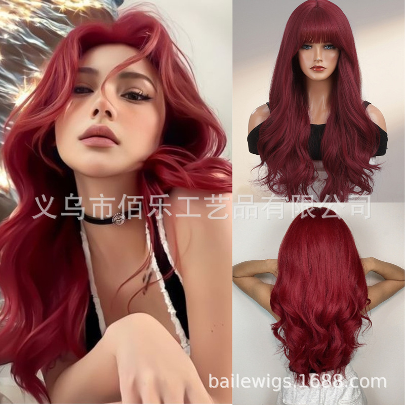 European and American Burgundy Wig Full Headband with Bangs, Big Wavy Long Curly Hair, Chemical Fiber Fake Headgear Female Cos