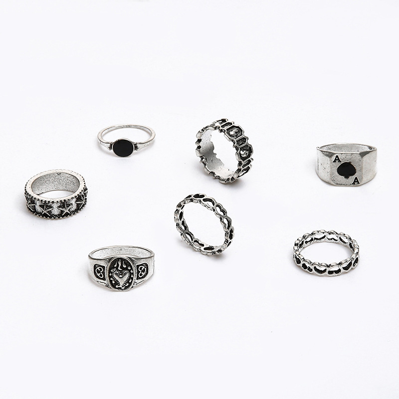hot selling jewelry Fashion hollow love simple atmosphere dark retro spade love ring 7 piece set_senzul.com