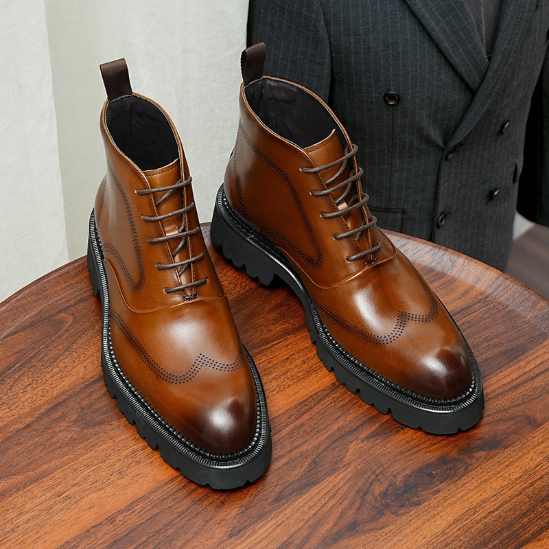 Autumn and Winter New Round Toe High Heel Boots Men's Height Increase 4cm British Cowhide Leather Short Boots Fashionable Lace-Up Cowboy Boots