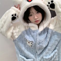 快乐小狗睡衣女冬季珊瑚绒加绒加厚保暖情侣睡袍家居服套装爆款