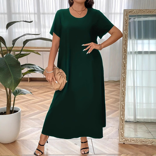 Middle Eastern Muslim fashion short-sleeve round-neck maxi dress for plus-size women with a robe-style design.