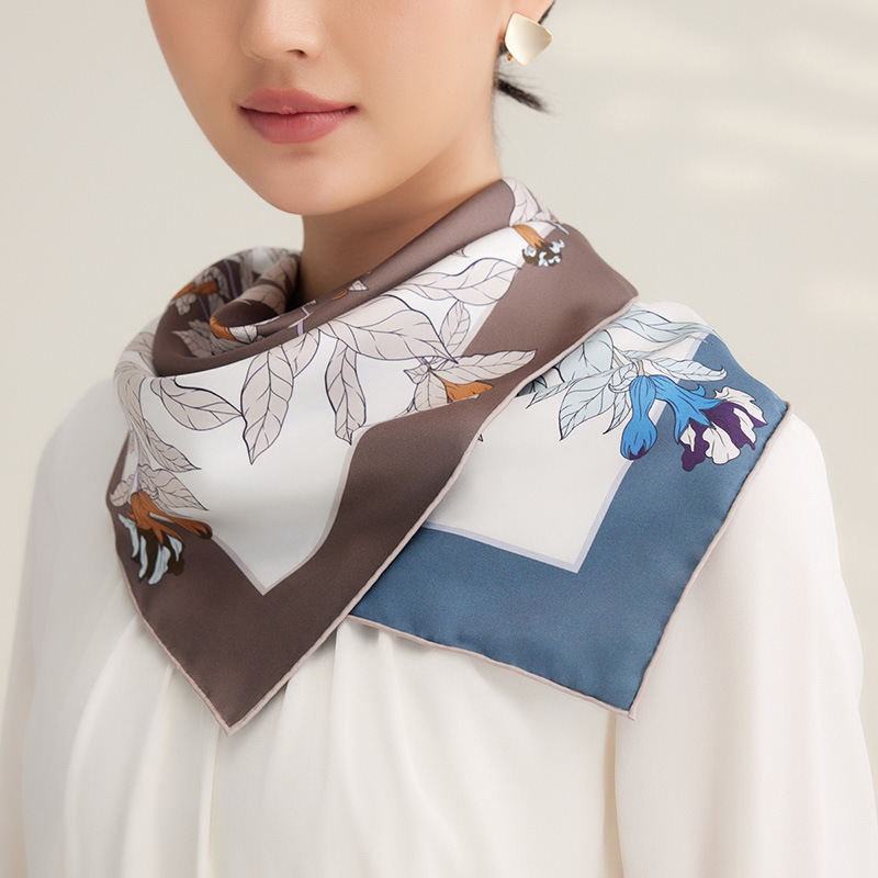Nuova sciarpa di seta con motivo vegetale 100% seta di gelso, 65 cm, sciarpa quadrata media a doppio spruzzo_voghion.com