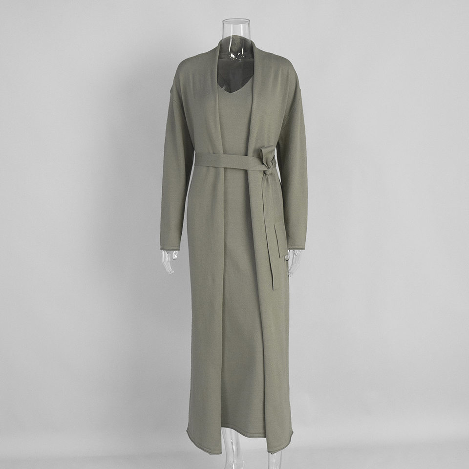 Bộ đầm dài kèm áo cardigan dệt kim dài tay nữ — Màu cà phê đậm, Màu hồng, Màu trắng, Màu xám chi tiết 14