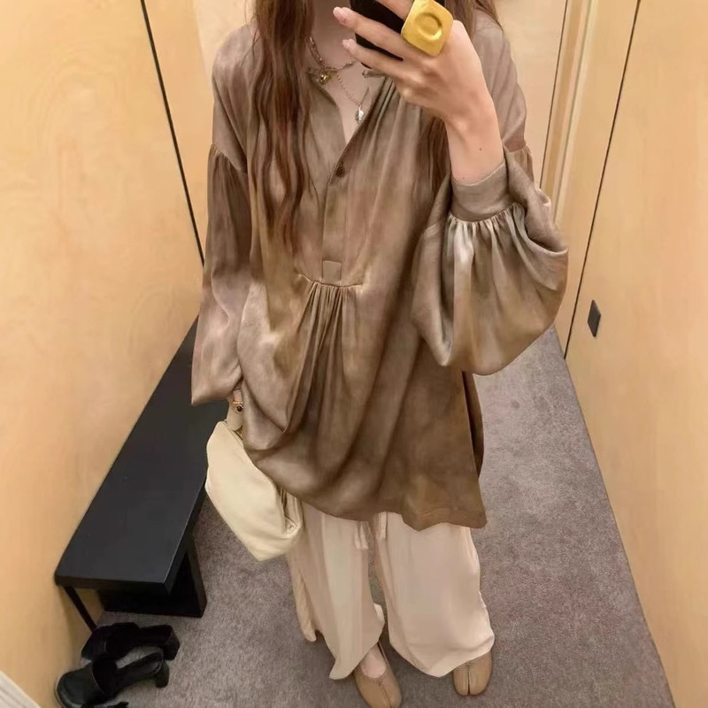 Handmade Plant Dyed Mulberry Silk UMA Designer Style Fried Color Shirt Loose Light Luxury Dirty Dyed Shirt for Women