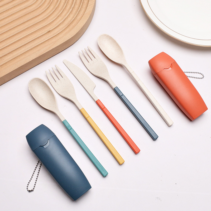 Amazon Wheat Straw Portable Tableware Knife, Fork, Spoon and Chopsticks Four-piece Set Student Travel Spoon, Fork and Chopsticks suit Gift