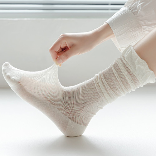 French ballet girl pile socks bubble mouth calf socks summer ultra-thin cotton gauze mesh knee-length mid-length socks