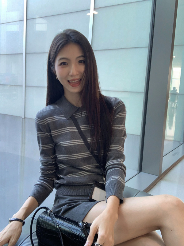 美式撞色条纹polo衫长袖T恤女宽松复古通勤针织上衣|undefined