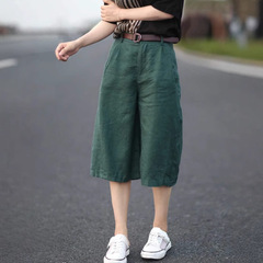 小柄な綿麻の七分のズボンの女性の秋の夏の文芸の綿麻のまっすぐな筒の中のズボンのスーツの広い足のズボンのゆったりしているカジュアルなズボン