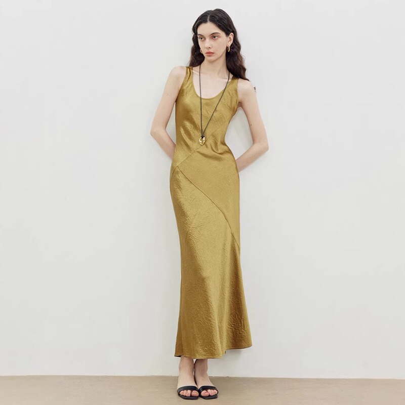 100% Acetate Pleated A-Line Vest Dress for Women Spring and Summer Patchwork Slimming Satin Sleeveless Vest Long Dress 8012