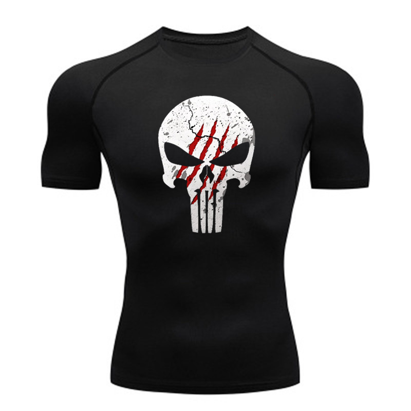 High Quality Sports Tops Men's Running T-Shirt Skull Fitness Short Sleeve Quick Drying Compression Shirt Bodybuilding T-Shirt