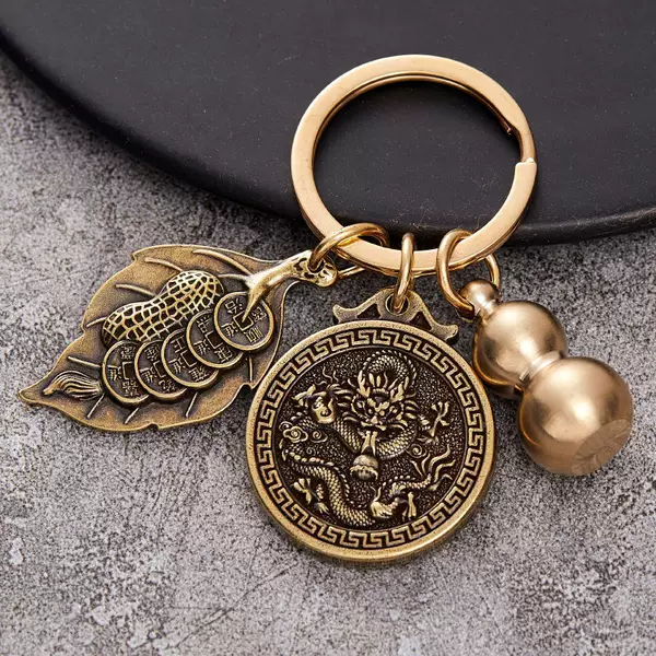 Factory wholesale pure brass Fulu Yiye Shengcai 12 Zodiac Key chain solid copper gourd key pendant