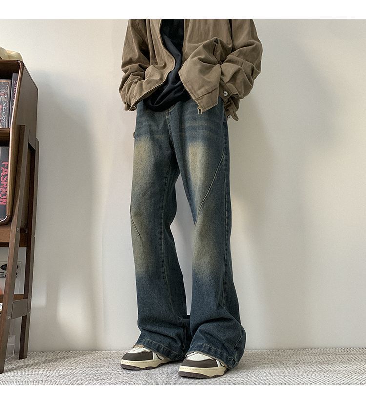 Men's High Street Cleanfit Vintage Washed Denim Jeans - Relaxed Fit Straight Leg Trousers For Casual Wear​_mkmklike.com