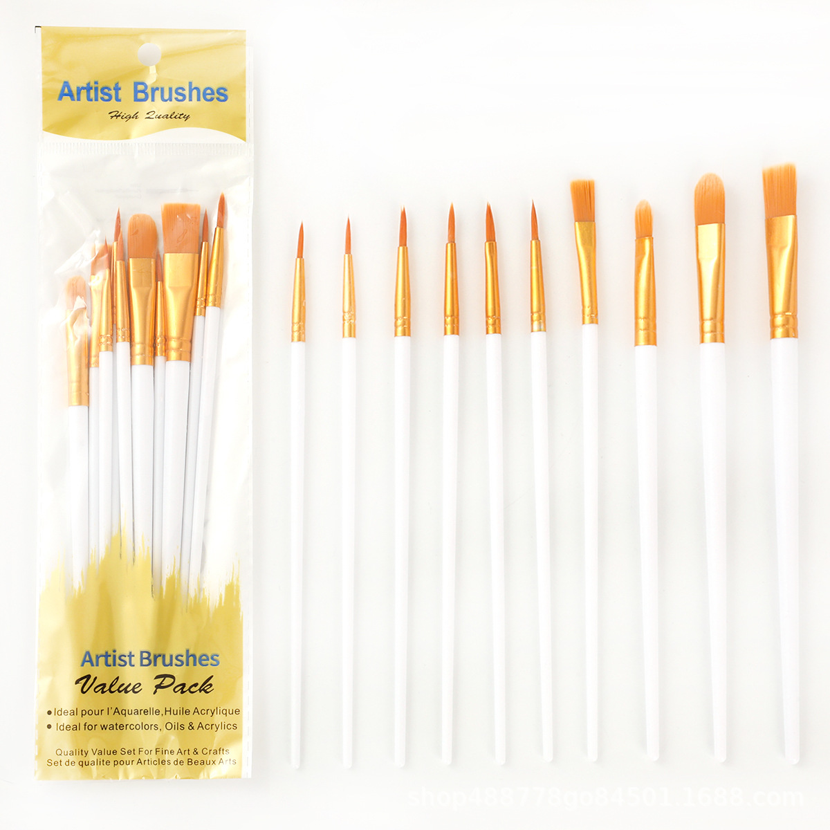 Los fabricantes venden al por mayor diez juegos de pinceles de pelo de nailon, pinceles de aceite de poste de plástico, pinceles de arte, pinceles de pintura de gouache de acuarela