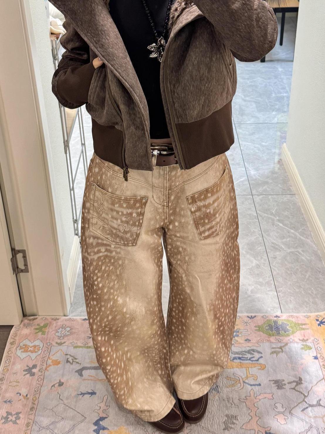 American Retro Large Size Washed Deer Pattern Contrast Embroidery Scimitar Jeans for Women Loose Wide-Leg Pants Trendy