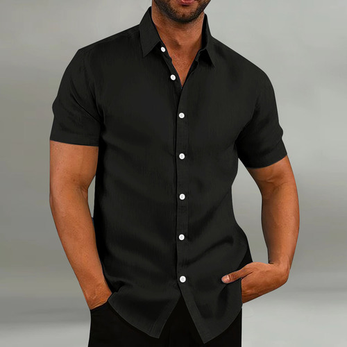 2024 Cross-Border Amazon Wish eBay New Men's Retro Cotton-Linen Casual Loose Short-Sleeve Shirt