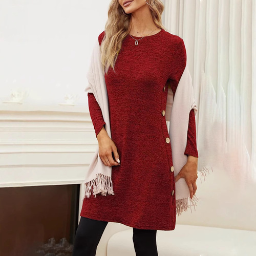 2025 European and American Style Long-Sleeve Round Neck Button-Side Dress with Pockets for Women