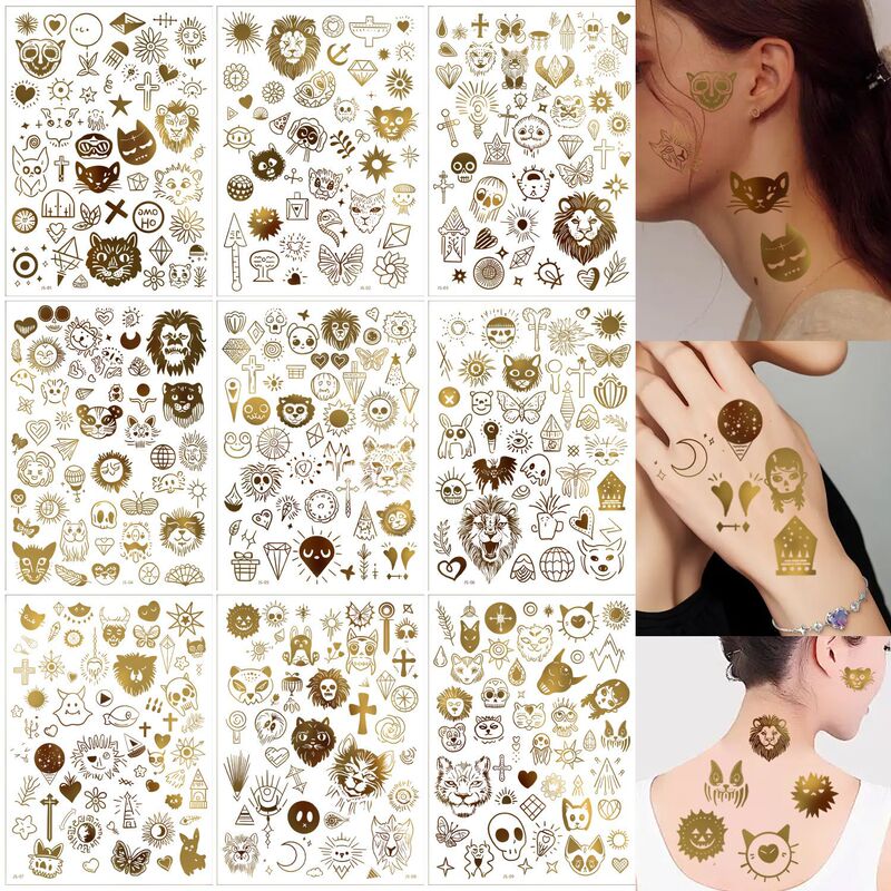 Golden Animal Tiger Lion Metallic Tattoo Stickers Bohemian Moon Tattoo Gold Foil Stickers