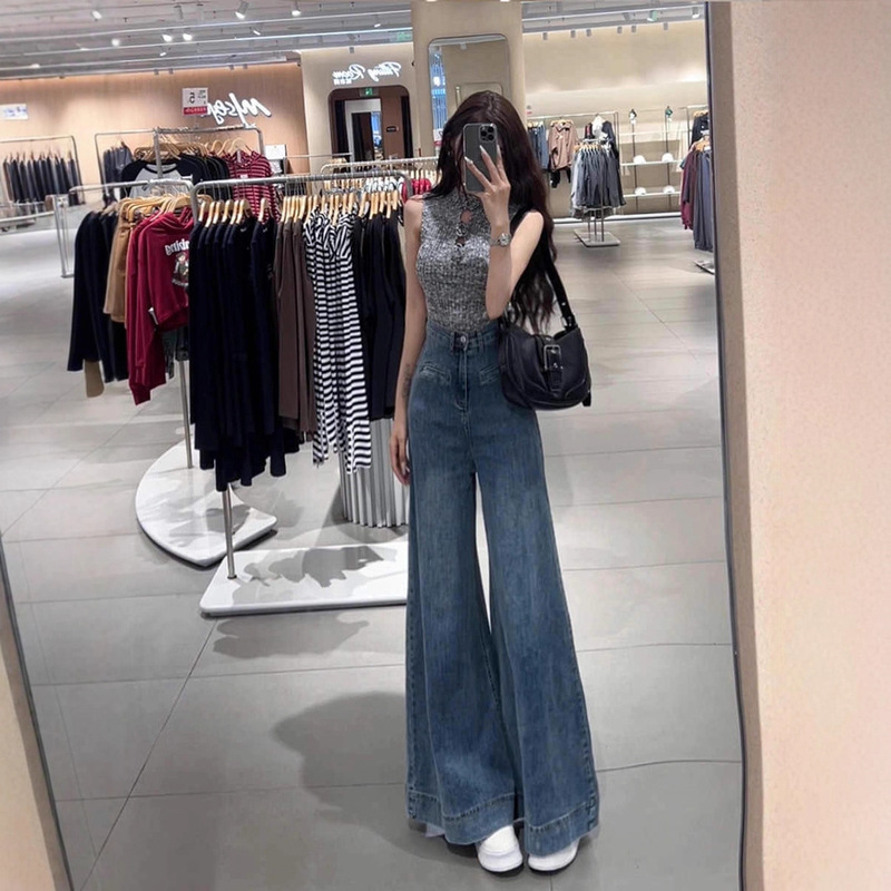 Retro Blue Loose Large Flared Jeans Women's 2024 New High Waist Slim Easiest for Match Wide Leg Pants Women's Style