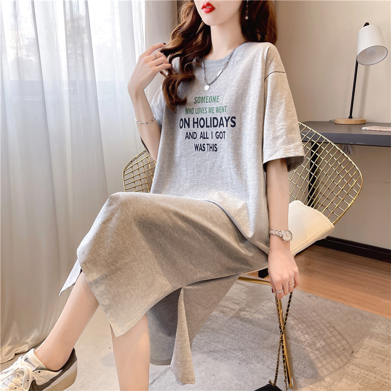 Spring and summer casual all-match cotton short sleeve dress women's loose over-the-knee split dress plus size lazy T-shirt skirt