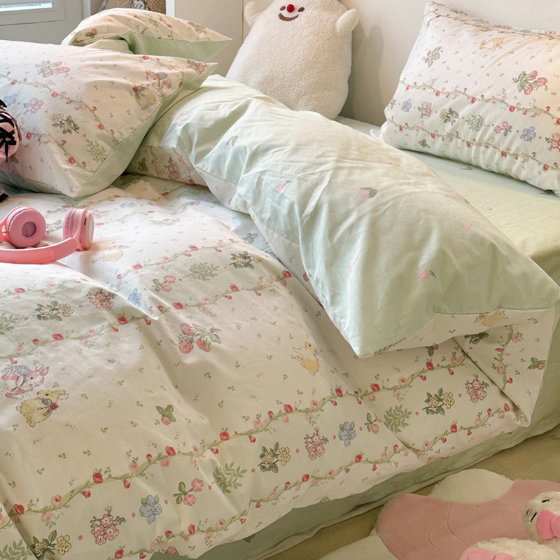 Pure Cotton Bed Four-Piece Set Spring Cotton Bedding Floral Quilt Cover Dormitory Bed Single Three-Piece Set Bed Bed Sheets Four Seasons