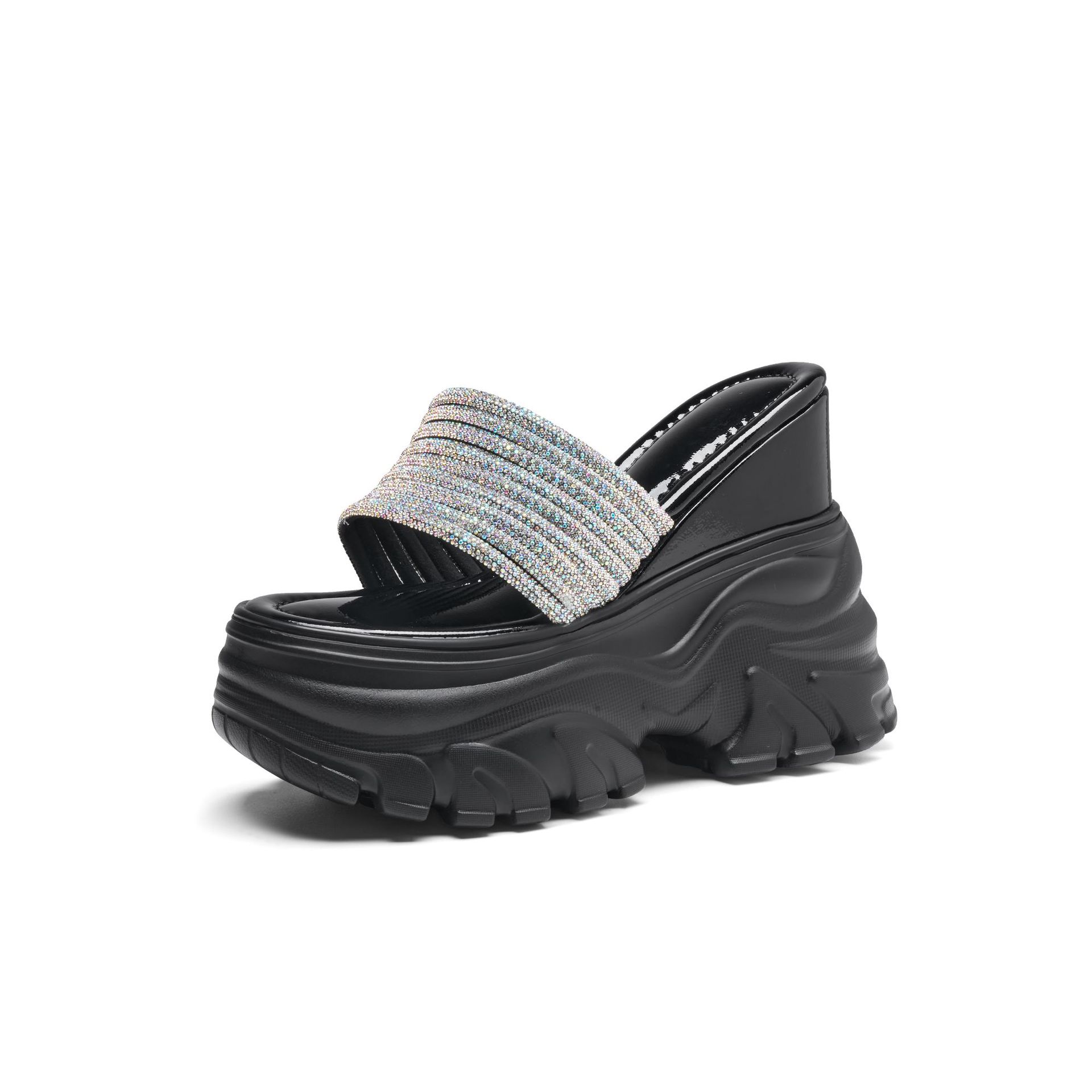 Sandal cao gót nữ hở mũi đính đá, gót 14 cm, đế xuồng nhẹ, quai ngang — màu đen, màu trắng ngà