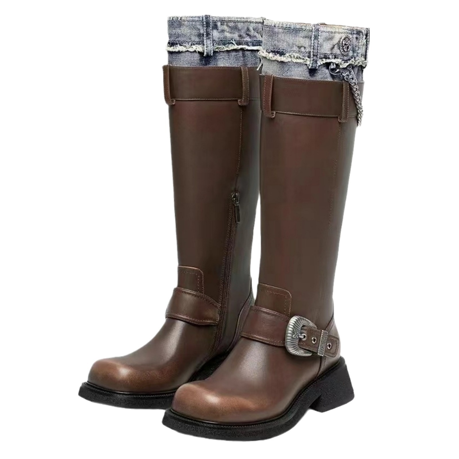 Stile da ciclista, progettato specificamente per le donne, realizzato in tessuto denim, con fibbie in metallo e vera pelle in stile western._voghion.com