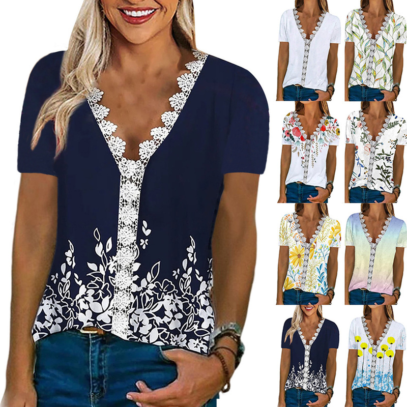 2023 Cross-border Amazon European and American Women's Spring and Autumn New Short-sleeved Comfortable Casual Lace V-neck Printed T-shirt for Women