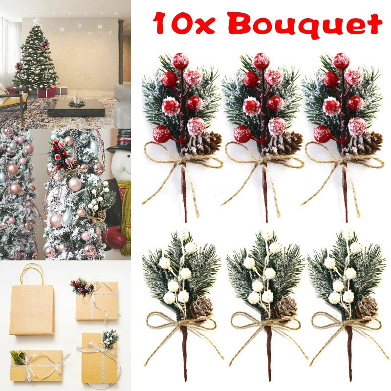Artificial Christmas White Christmas Berry Stems Pine Branches Cone Holly Spray Snow for Christmas Decoration Wreath Gifts