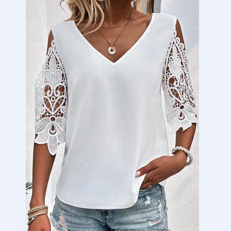 Spot cross-border Amazon Europe and the United States summer new casual sweet solid color V-neck lace half sleeve women's T-shirt