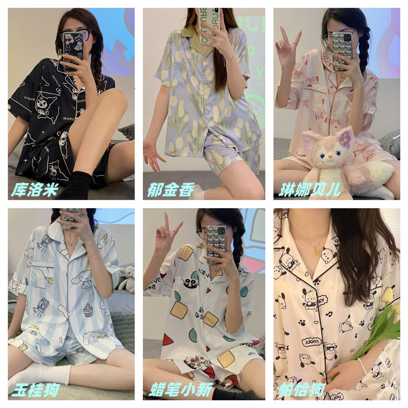 [ready Stock] Spring and Summer Cartoon Simulated Silk Ice Silk Pajamas Women's Short Sleeve Shorts Cardigan Home Clothing Set
