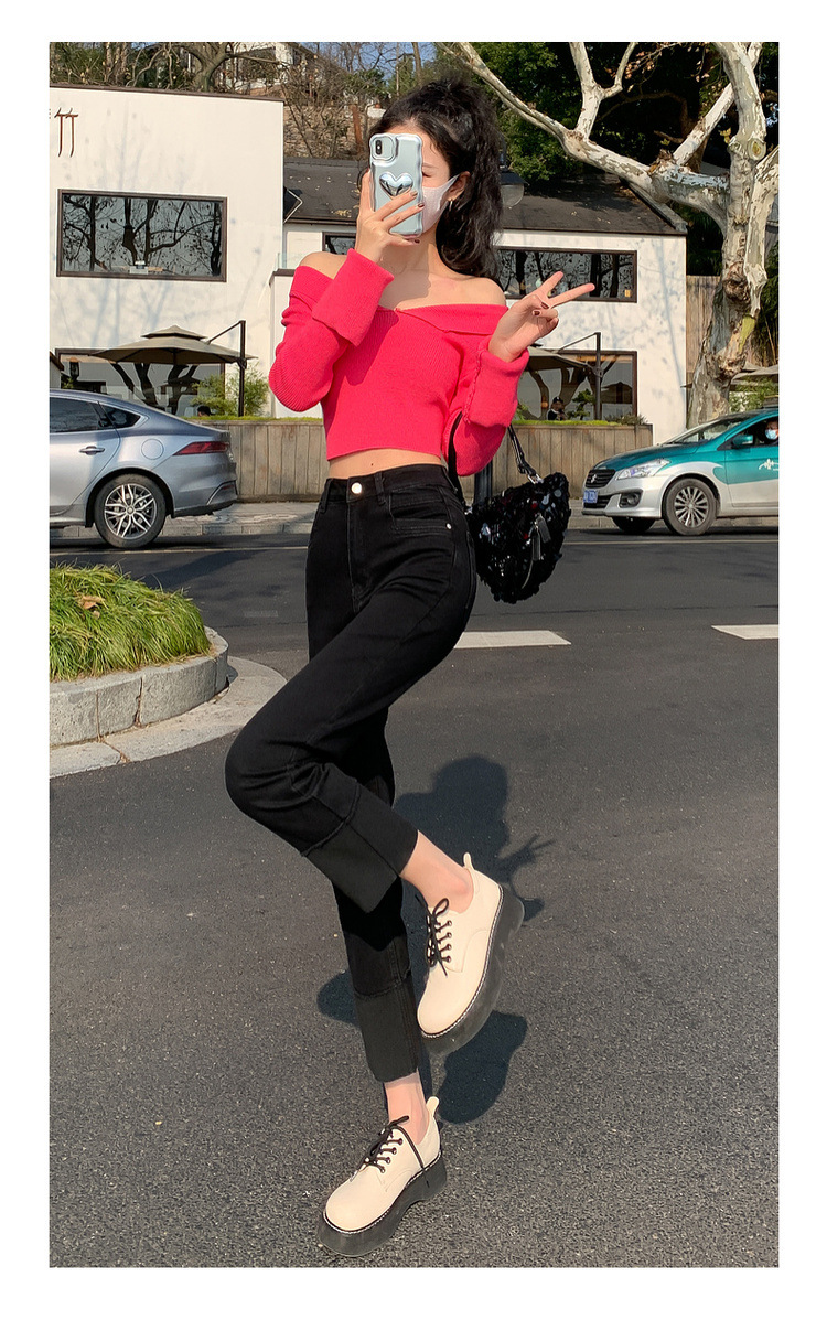 【中国直邮】HEY+JEANS 春季韩系翻边高腰显瘦九分裤 黑色 M