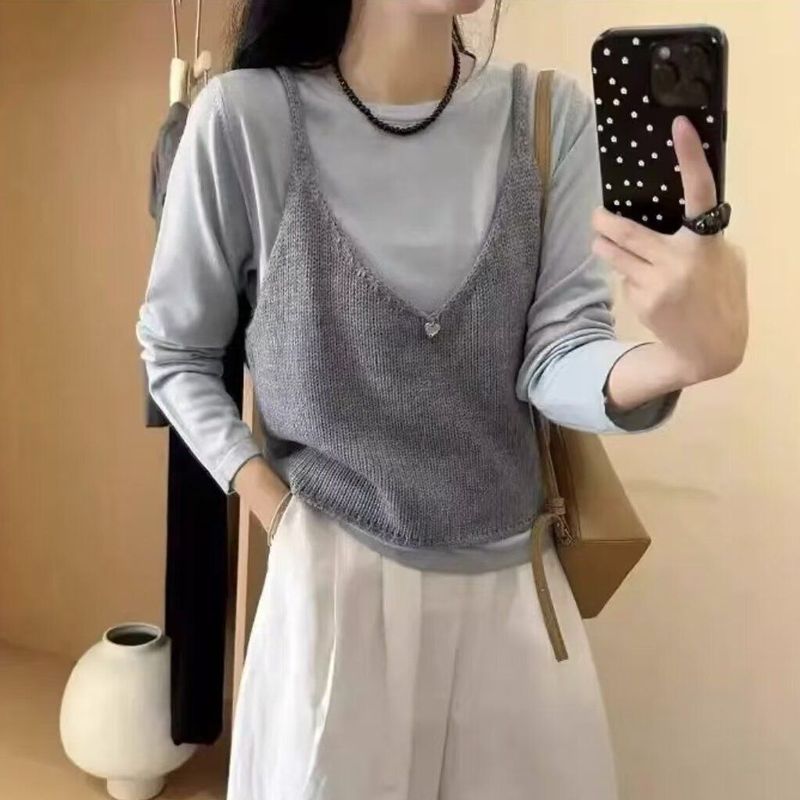 圆领纯色打底小衫马甲叠穿两件套上衣秋季新款新品衫背心套装|undefined