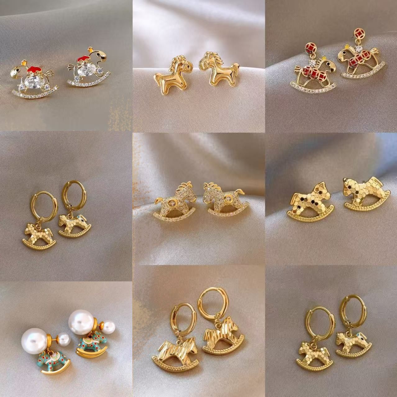 新款马年本命耳环~轻奢金色木马闪钻耳扣耳钉微镶时尚高颜值耳饰