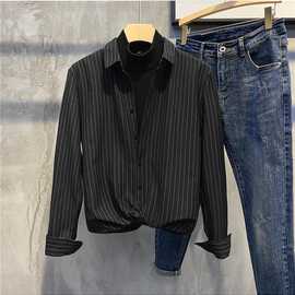 男士高级感假两件衬衫2023韩版新款翻领条纹长袖修身针织打底衫潮