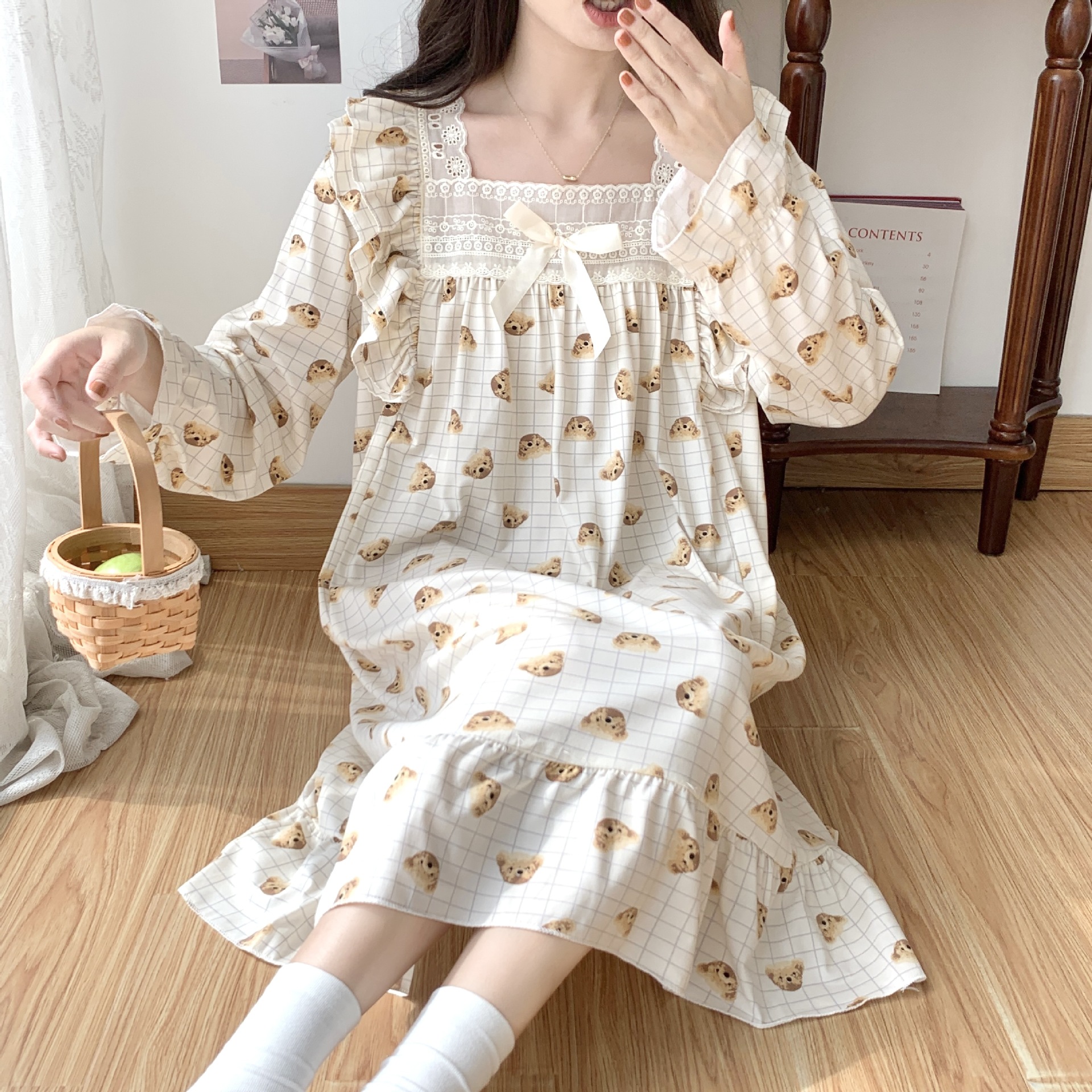 Nuevo estilo coreano princesa estilo camisón fresco lindo oso primavera y otoño pijamas largos de las mujeres vestido largo desgaste del hogar entrega