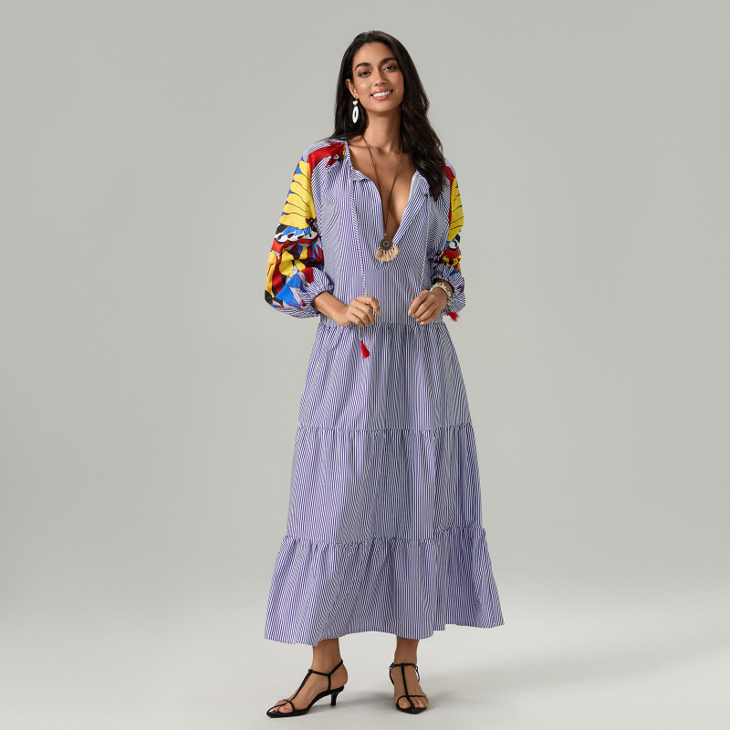 2025 European and American plus size Women's Spring and Summer New Amazon Top Pleated Printed Shirt Mesh Long dress