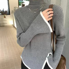 春秋薄款半高领内搭毛衣女秋冬洋气不规则开叉长袖打底针织衫上衣