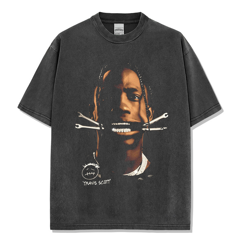 Cross-border Retro Hip-hop Scott Travis Scott Printed Short-sleeved T-shirt American Washed Loose Heavy Trendy T-shirt