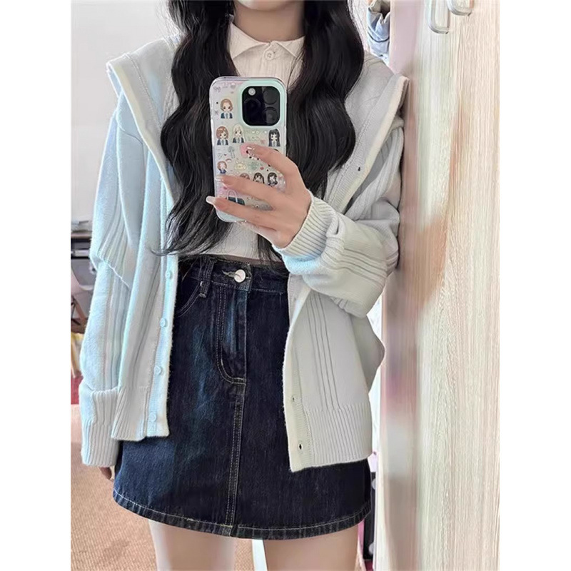 College Style Milk Blue Navy Collar Sweater Knitted Cardigan Women's Spring & Fall Style Inner Layering Shirt Jacket Short Top