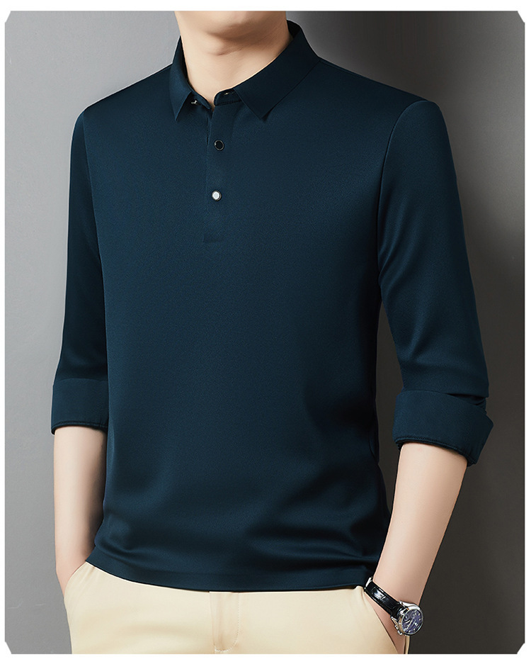 T-shirt a maniche lunghe da uomo in peluche spesso 2024 Autunno / inverno Nuova camicia di base in tinta unita con risvolto business di mezza età_voghion.com