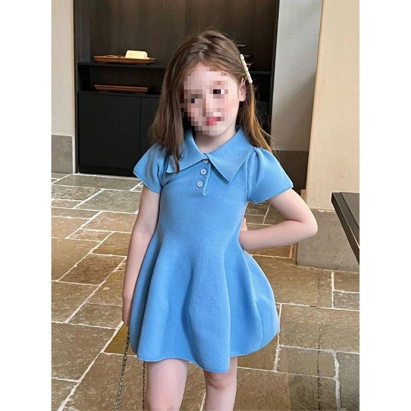 Korean Style Children's Clothing Girls Blue Preppy Style Skirt Summer New Baby Girl Puff Sleeve Knitted Dress