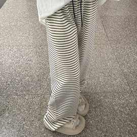 黑白条纹毛巾阔腿裤女秋冬加绒高腰垂感宽松小个子休闲直筒拖地裤