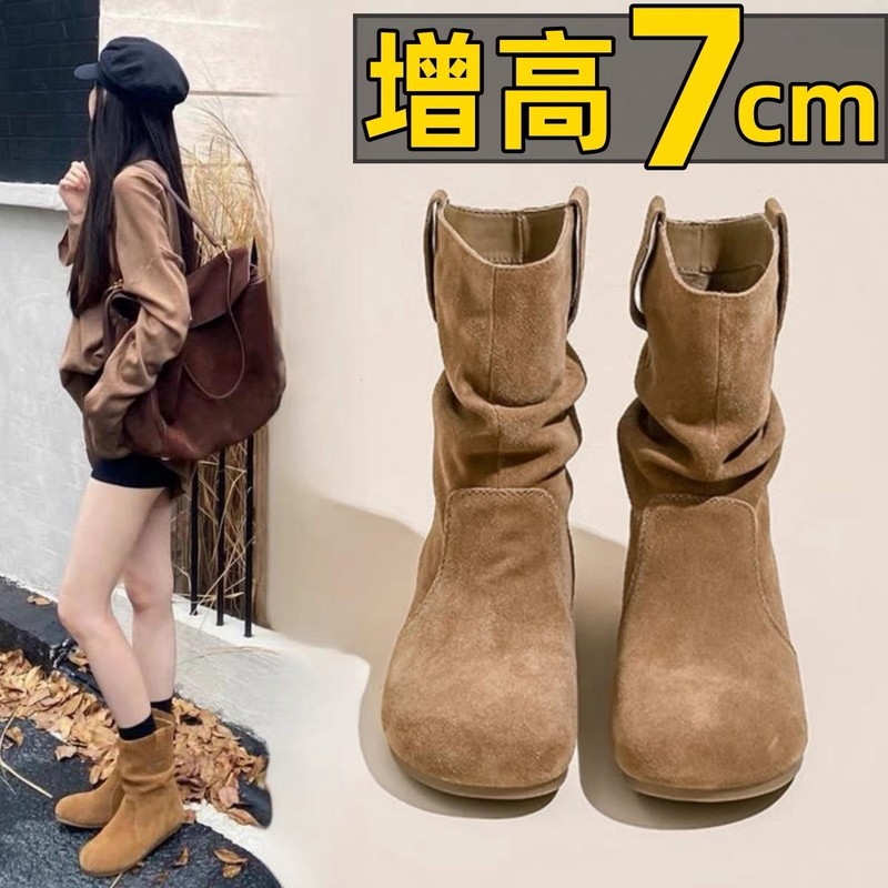 平底韩式圆头堆堆靴短靴女靴2025新款简约时尚磨砂牛皮套筒中筒靴|undefined